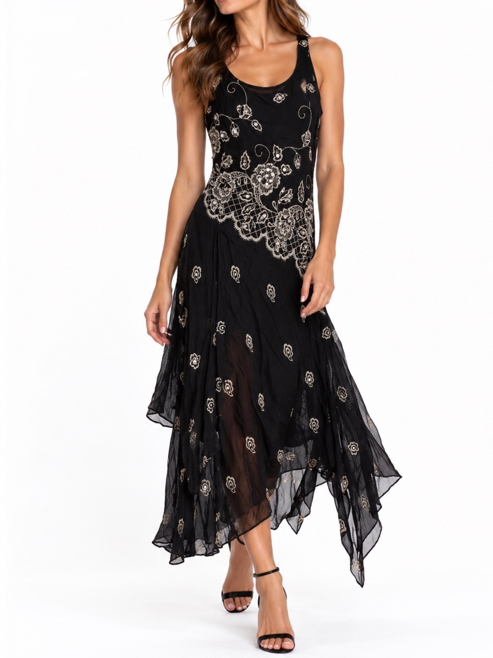 Vintage Y2K Black Floral Sequin Bias Cut Handkerchief Dress Whimsigoth Deadstock